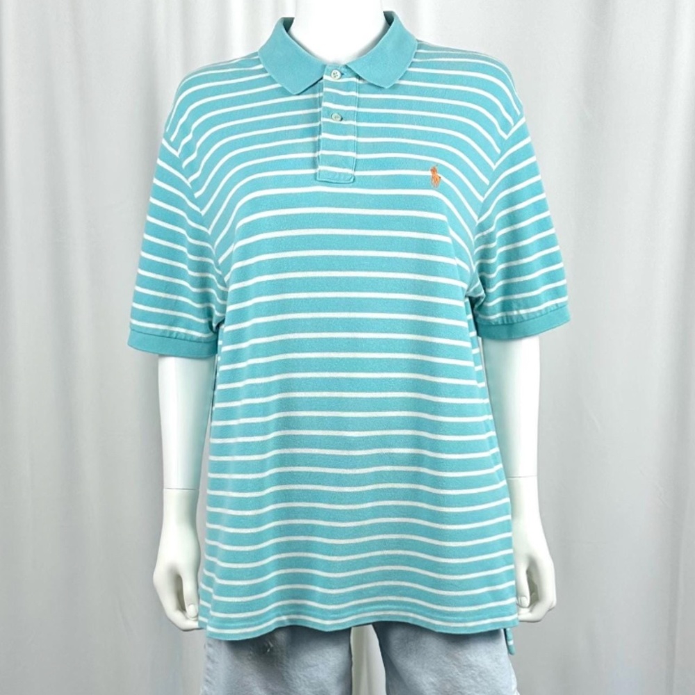 Vintage 1990’s 2000’s Men’s ‘Polo Ralph Lauren’ Striped White + Blue Polo - L